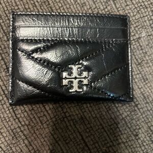 Tory Burch Black Quilted Leather Card Case with Silver Logo